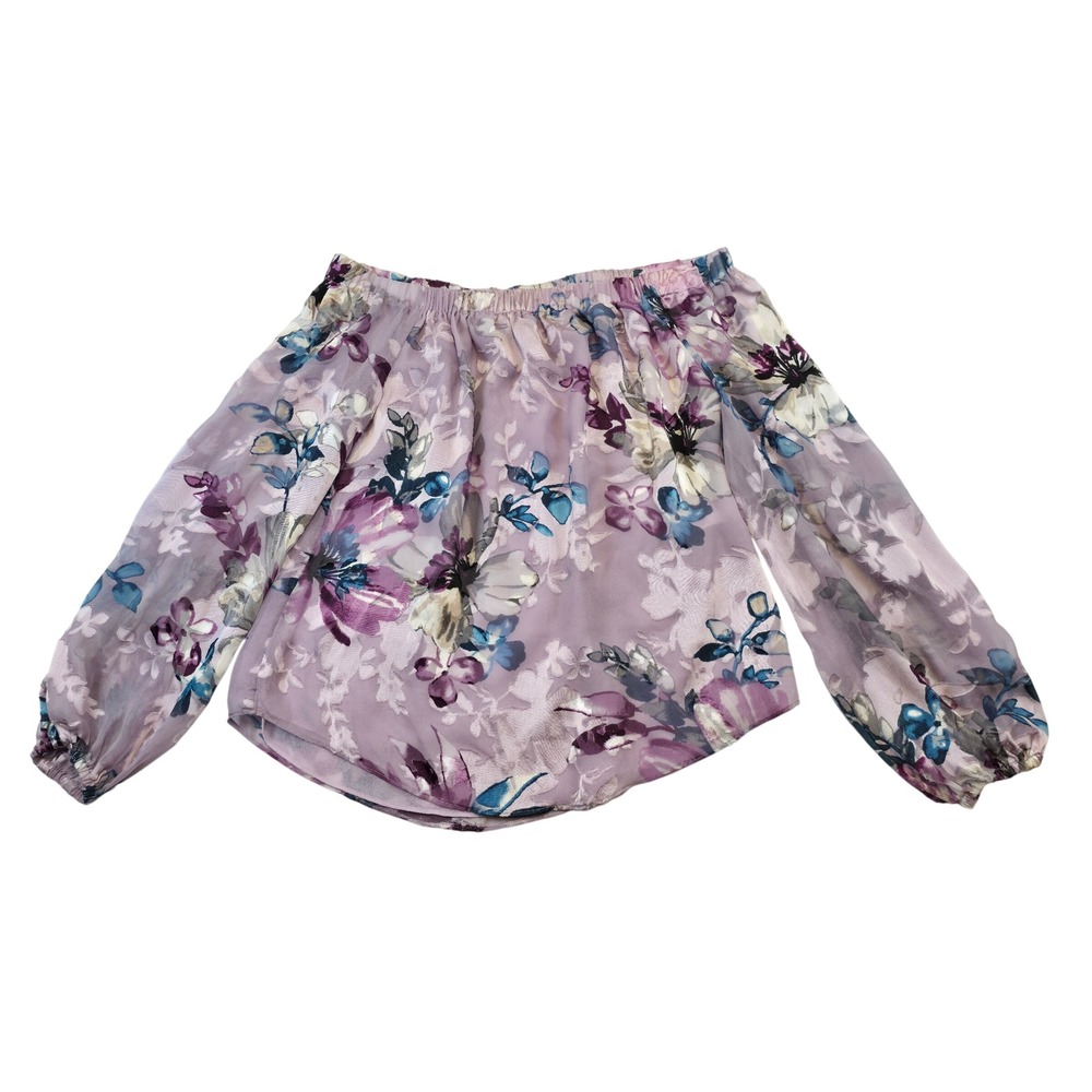 White House Black Market Off Shoulder Blouse XS Lilac Floral Sheer Silk Boho